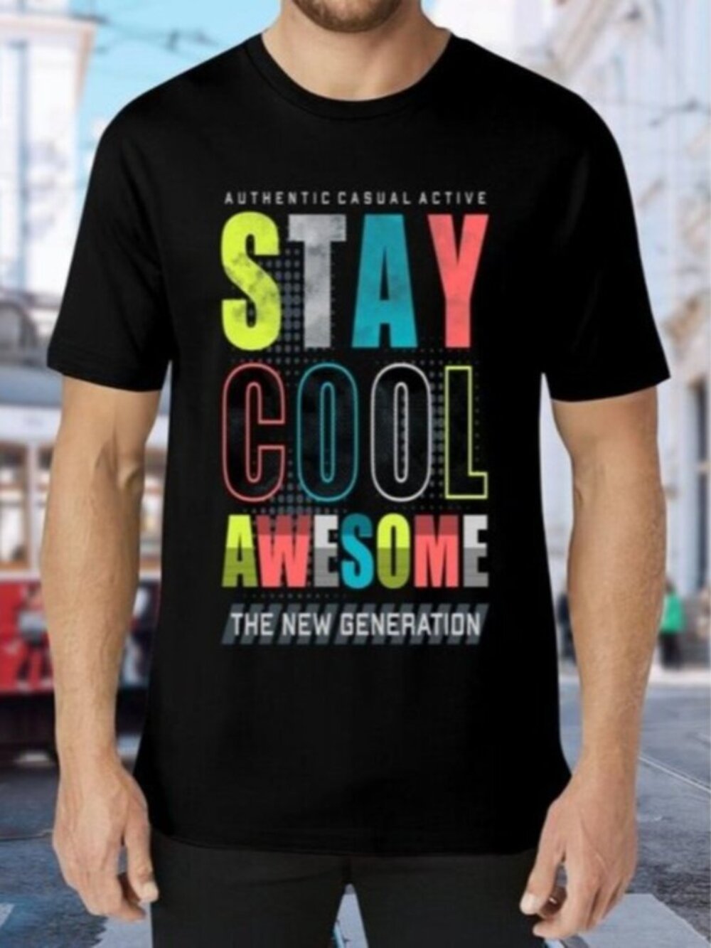Black Graphic T-Shirt with Colorful Text